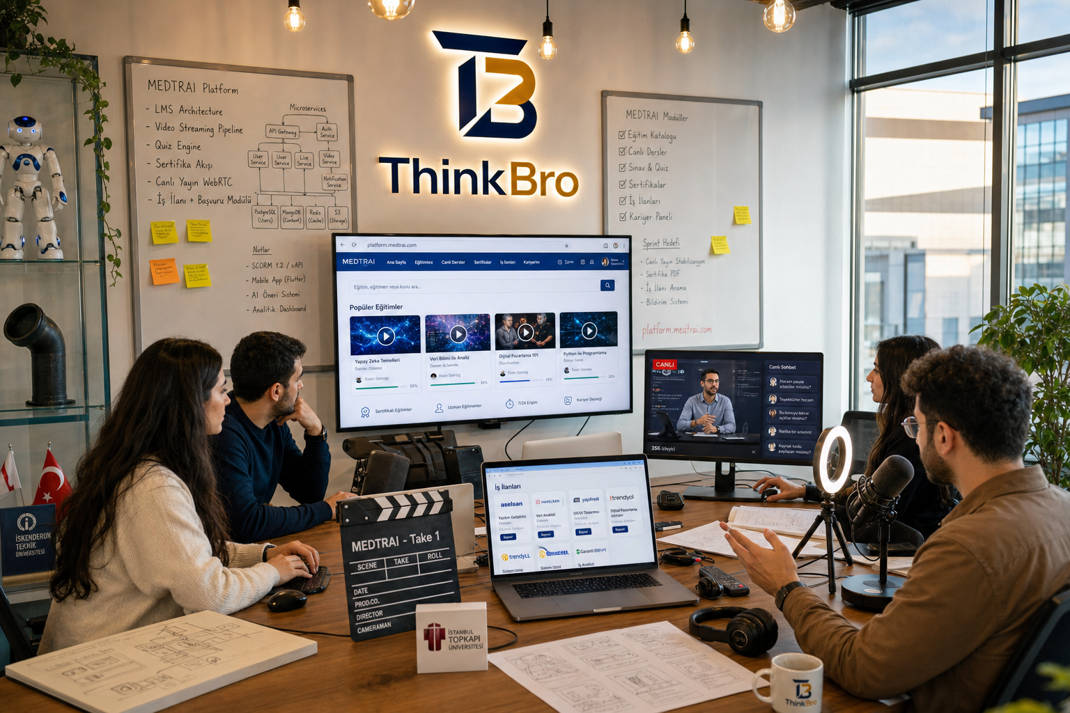 ThinkBro ekibi MEDTRAI öğrenme yönetimi ve istihdam platformu (platform.medtrai.com) için canlı ders kaydederken